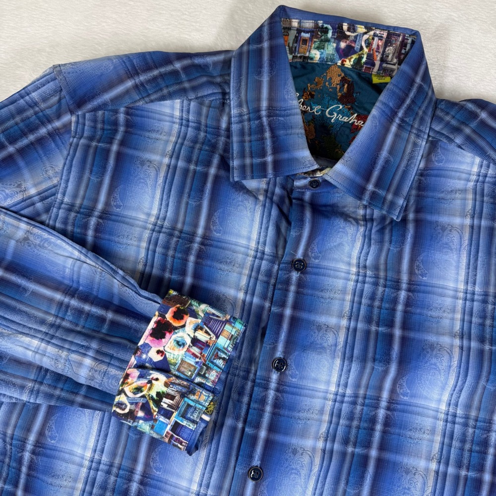 Robert Graham Mens XL Classic Fit Blue Plaid Paisley Jacquard Button Down Shirt‎